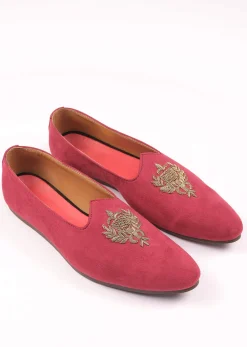 Valentine Red Juttis For Men In Suede With Embroidery