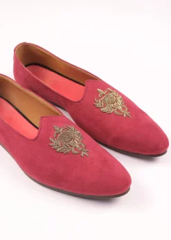 Valentine Red Juttis For Men In Suede With Embroidery