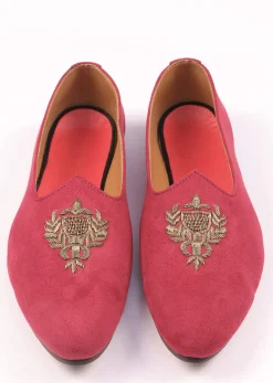 Valentine Red Juttis For Men In Suede With Embroidery