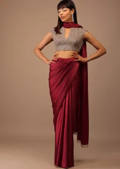 Valentine Red Milano Satin Saree With V Neck Hand Embroidered Crop Top
