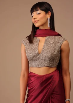 Valentine Red Milano Satin Saree With V Neck Hand Embroidered Crop Top