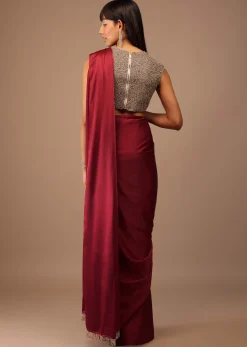 Valentine Red Milano Satin Saree With V Neck Hand Embroidered Crop Top