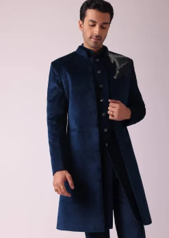 Velvet Blue Printed Indo Western Set