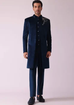 Velvet Blue Printed Indo Western Set