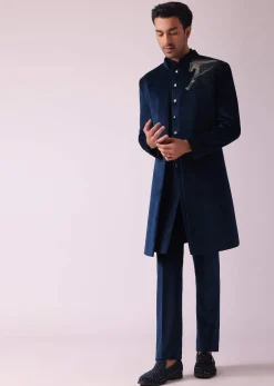 Velvet Blue Printed Indo Western Set