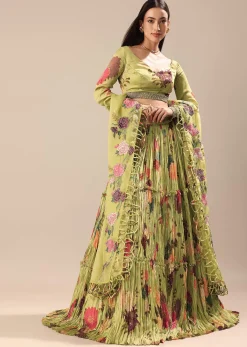 Verdant Green Printed Blouse And Skirt