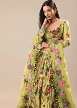 Verdant Green Printed Blouse And Skirt