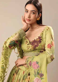 Verdant Green Printed Blouse And Skirt