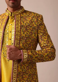 Vibrant Yellow Silk Embroidered Sherwani Set