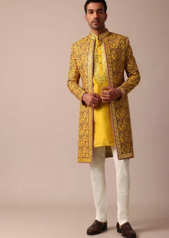 Vibrant Yellow Silk Embroidered Sherwani Set