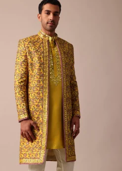 Vibrant Yellow Silk Embroidered Sherwani Set