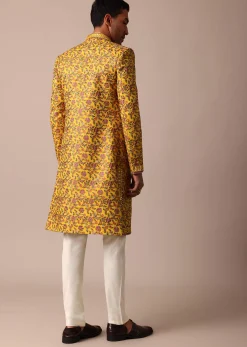 Vibrant Yellow Silk Embroidered Sherwani Set