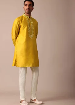Vibrant Yellow Silk Embroidered Sherwani Set