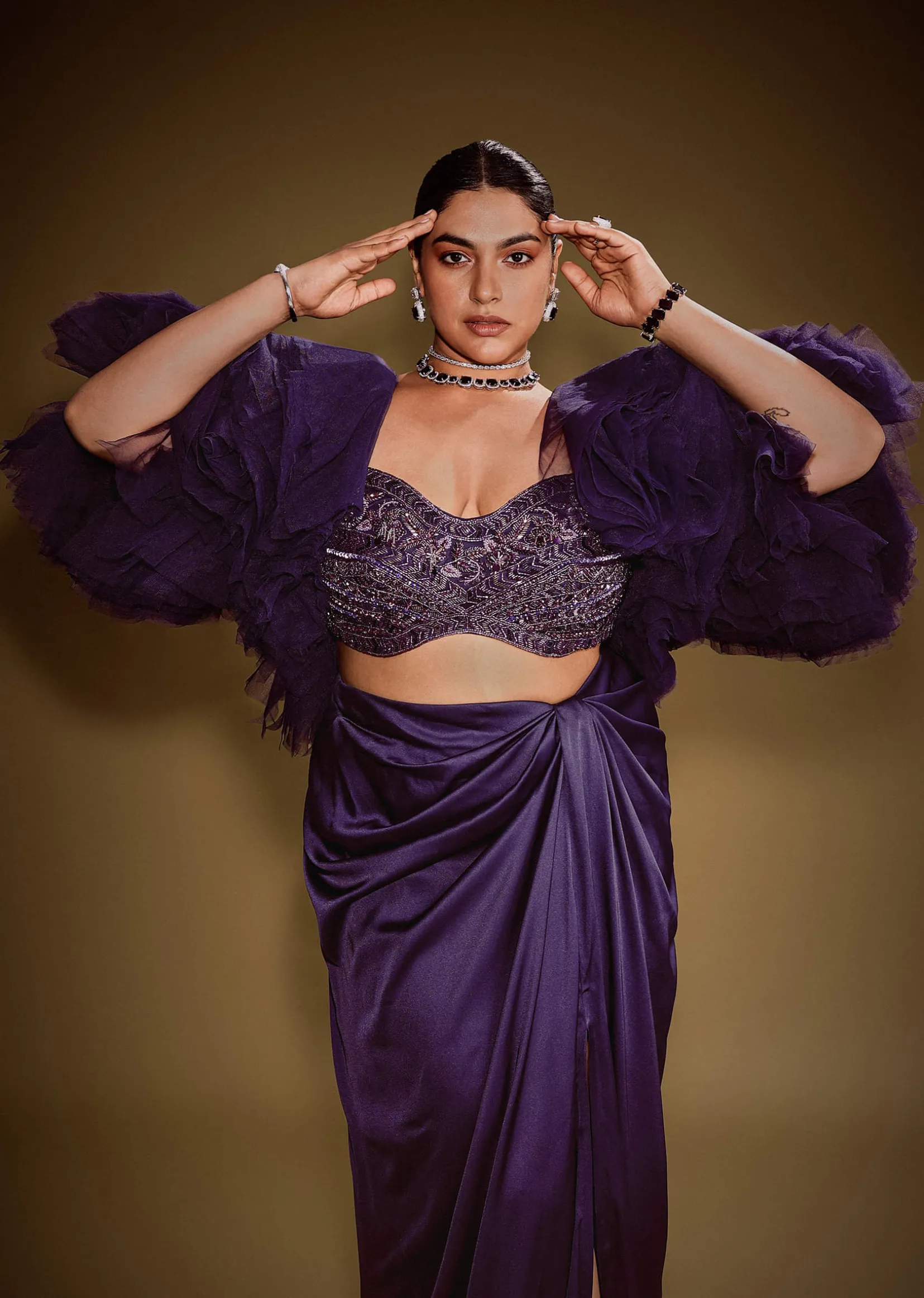 Violet Drape Skirt Set With Sleeveless Blouse And Ruffle Jacket