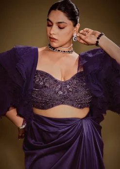 Violet Drape Skirt Set With Sleeveless Blouse And Ruffle Jacket