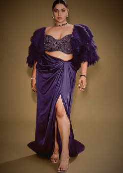 Violet Drape Skirt Set With Sleeveless Blouse And Ruffle Jacket