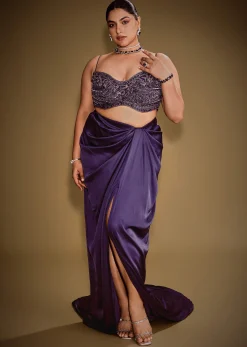 Violet Drape Skirt Set With Sleeveless Blouse And Ruffle Jacket