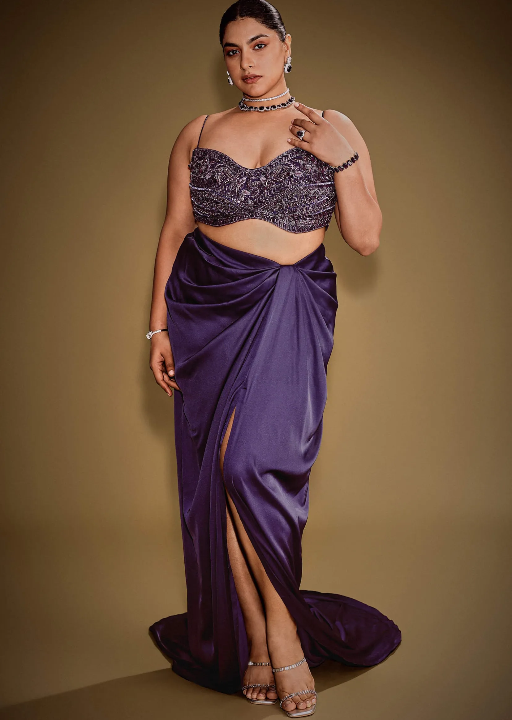 Violet Drape Skirt Set With Sleeveless Blouse And Ruffle Jacket