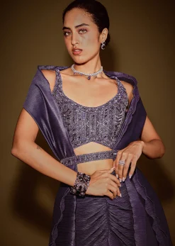 Violet Drape Skirt With Embroidered Blouse Belt And Dupatta