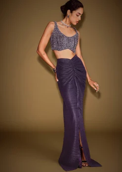 Violet Drape Skirt With Embroidered Blouse Belt And Dupatta