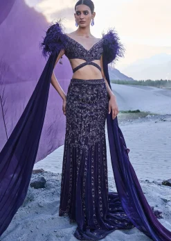 Violet Embroidered Fish Cut Lehenga Set With Attached Trail