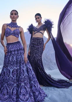 Violet Embroidered Fish Cut Lehenga Set With Attached Trail