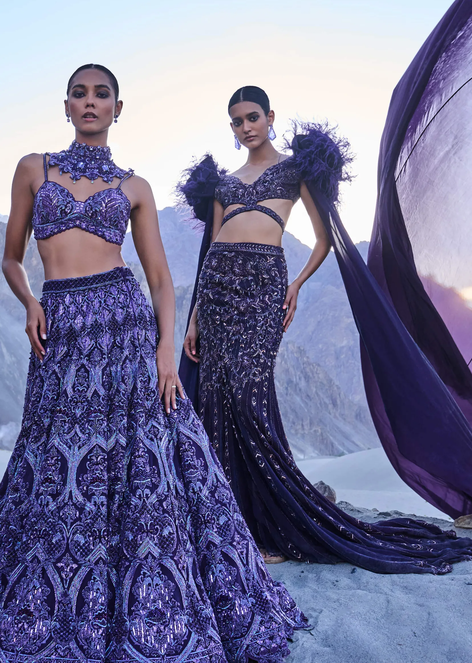 Violet Embroidered Fish Cut Lehenga Set With Attached Trail