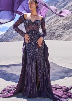 Violet Embroidered Fitted Slit Gown With Sweetheart Neckline