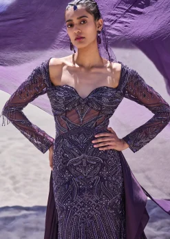 Violet Embroidered Fitted Slit Gown With Sweetheart Neckline
