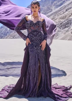 Violet Embroidered Fitted Slit Gown With Sweetheart Neckline