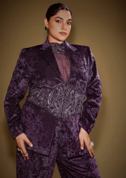 Violet Embroidered Velvet Blazer Set With Polo Neck Top And Pants