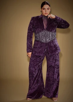 Violet Embroidered Velvet Blazer Set With Polo Neck Top And Pants