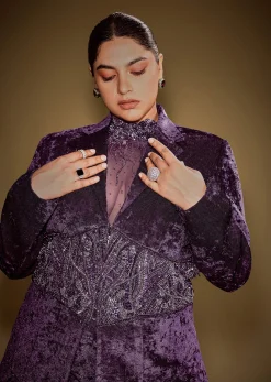 Violet Embroidered Velvet Blazer Set With Polo Neck Top And Pants