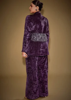 Violet Embroidered Velvet Blazer Set With Polo Neck Top And Pants