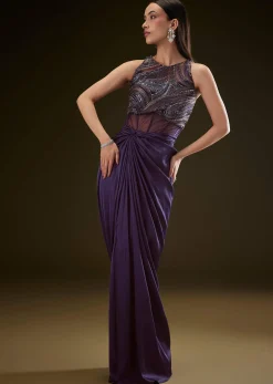 Violet High Neck Embroidered Corset Gown With Twisted Drape