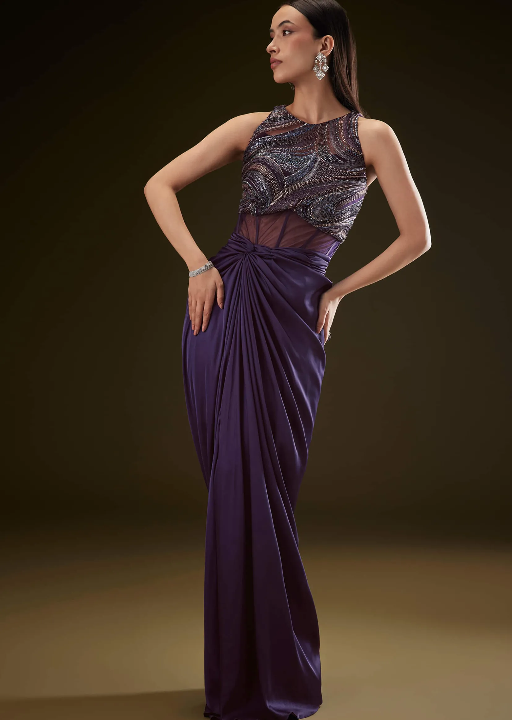 Violet High Neck Embroidered Corset Gown With Twisted Drape