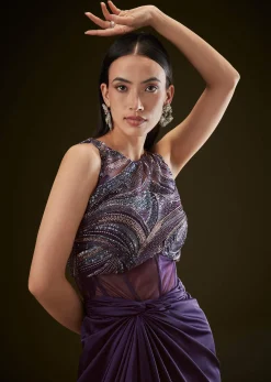 Violet High Neck Embroidered Corset Gown With Twisted Drape