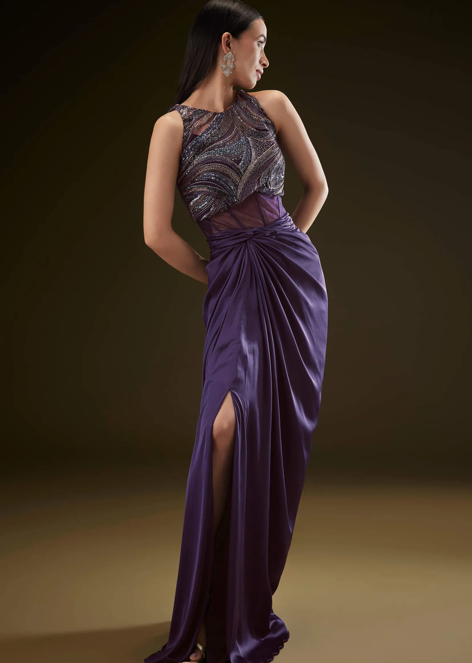Violet High Neck Embroidered Corset Gown With Twisted Drape