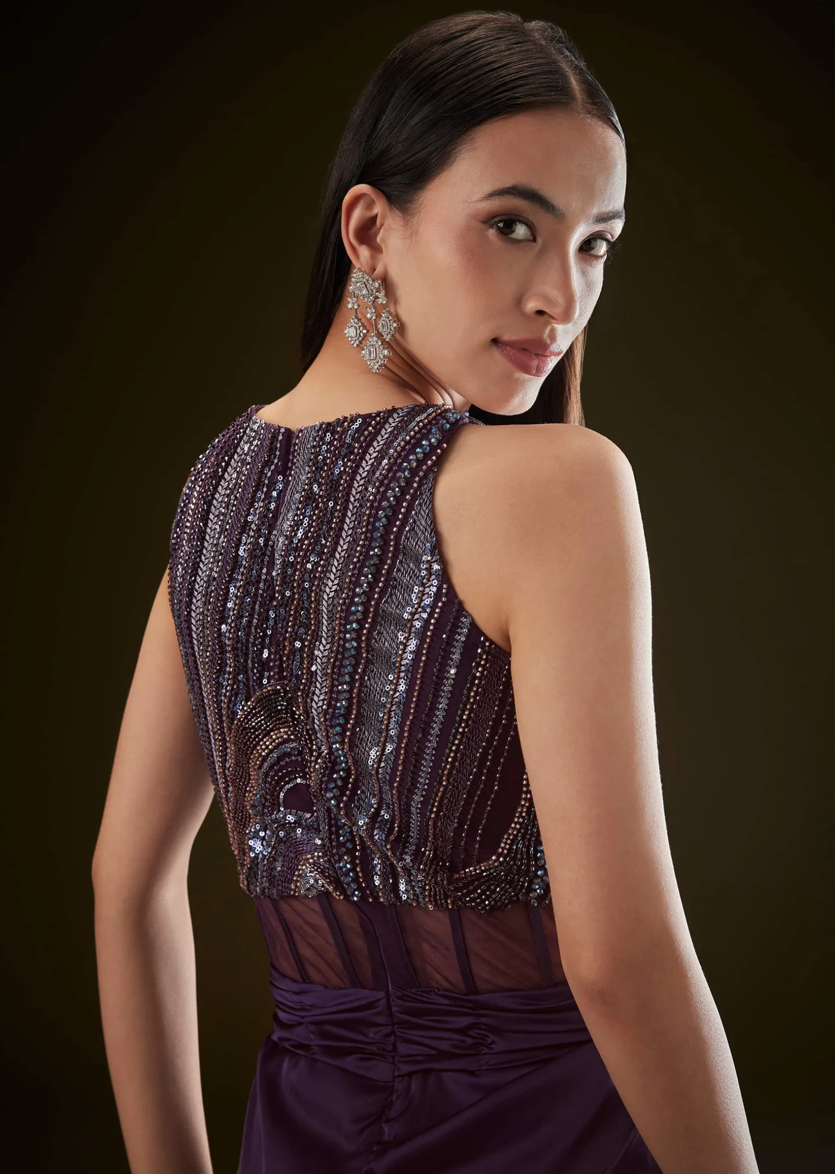 Violet High Neck Embroidered Corset Gown With Twisted Drape