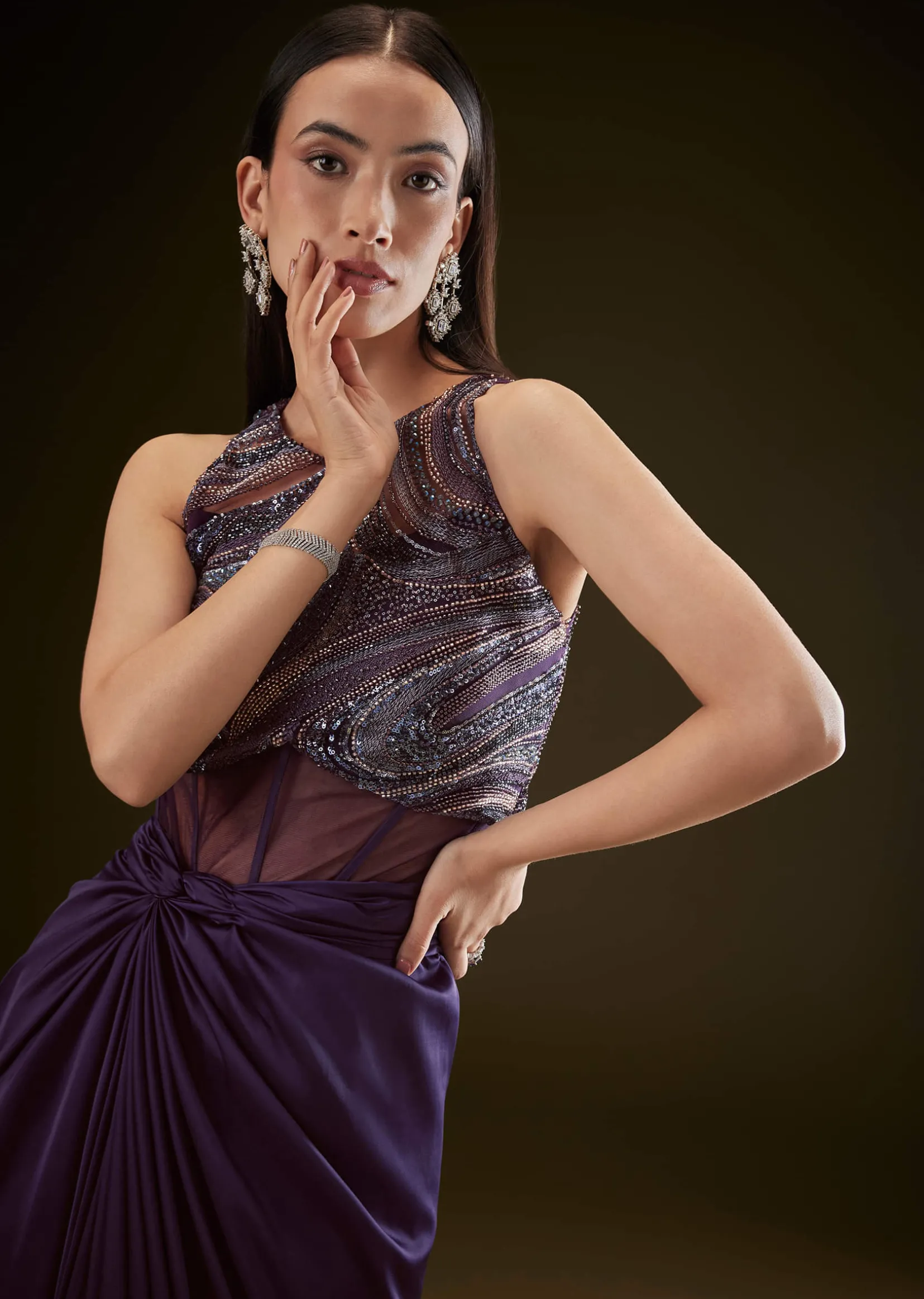 Violet High Neck Embroidered Corset Gown With Twisted Drape