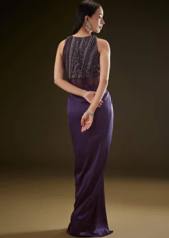 Violet High Neck Embroidered Corset Gown With Twisted Drape