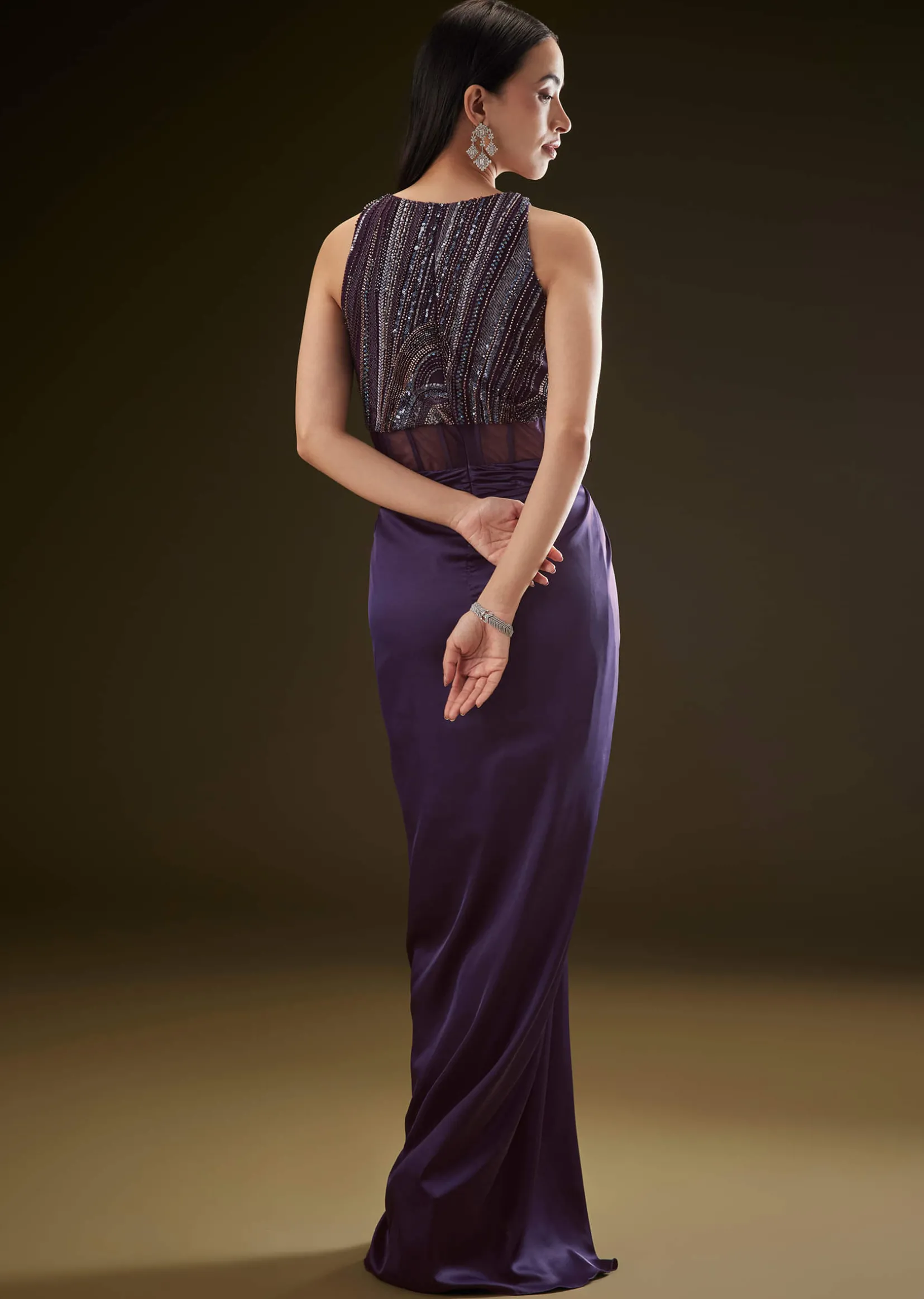 Violet High Neck Embroidered Corset Gown With Twisted Drape