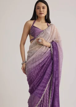 Violet Ombre Sequins Saree With Scallop Border