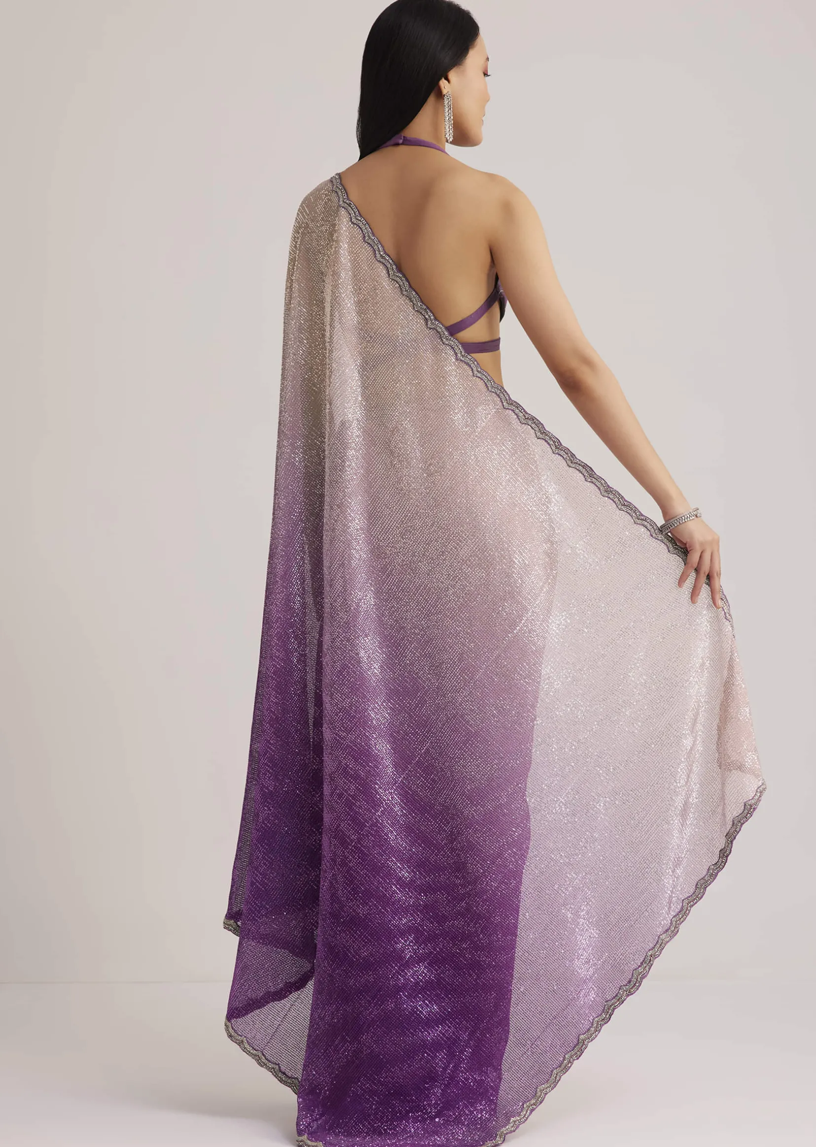 Violet Ombre Sequins Saree With Scallop Border