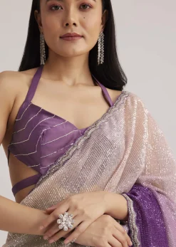 Violet Ombre Sequins Saree With Scallop Border