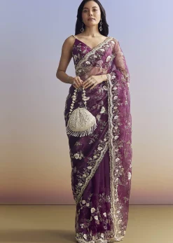 Violet Organza Saree With All Over Embroidered Floral Jaal