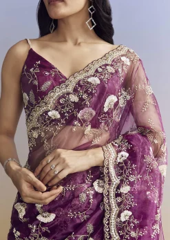 Violet Organza Saree With All Over Embroidered Floral Jaal