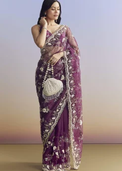 Violet Organza Saree With All Over Embroidered Floral Jaal