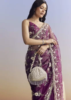 Violet Organza Saree With All Over Embroidered Floral Jaal