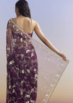 Violet Organza Saree With All Over Embroidered Floral Jaal